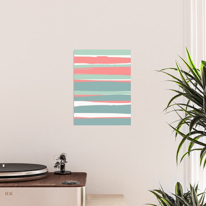 Festive, Abstract, Colorful Stripes, Coral and Teal Green Poster Gallery Image 2