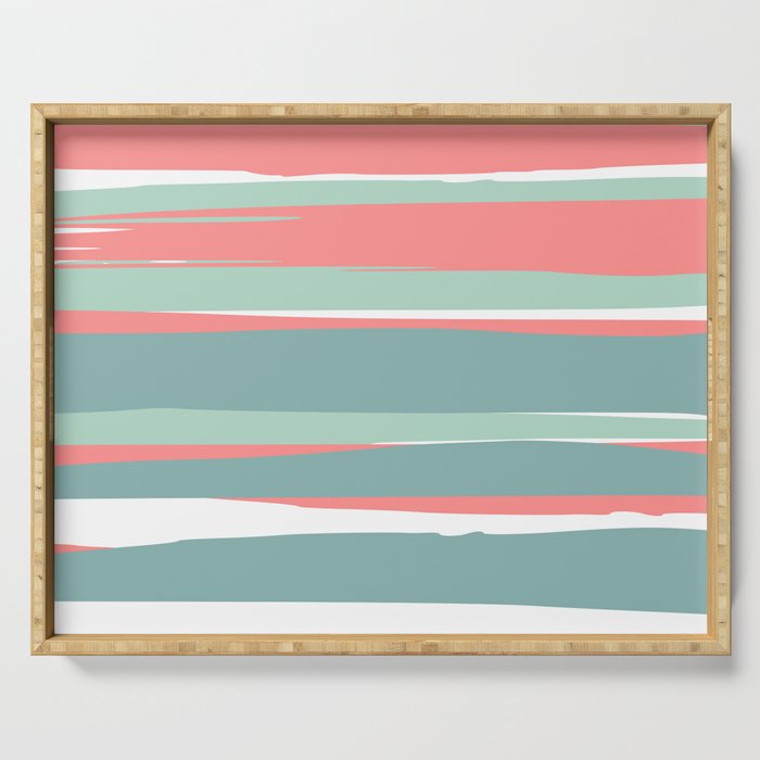 Festive, Abstract, Colorful Stripes, Coral and Teal Green Serving Tray Gallery Image 1