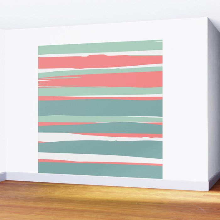 Festive, Abstract, Colorful Stripes, Coral and Teal Green Wall Mural Gallery Image 2