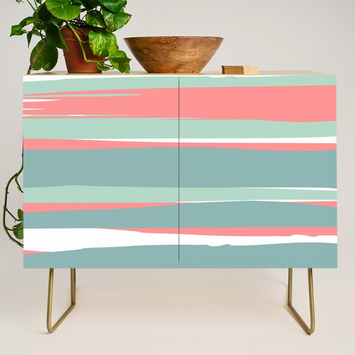 Festive, Abstract, Colorful Stripes, Coral and Teal Green Credenza Gallery Image 1