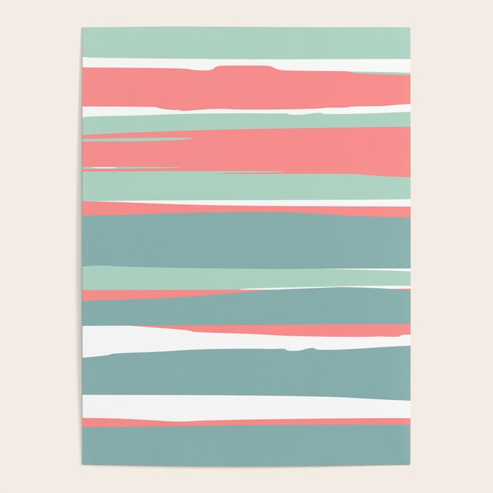 Festive, Abstract, Colorful Stripes, Coral and Teal Green Poster Gallery Image 1