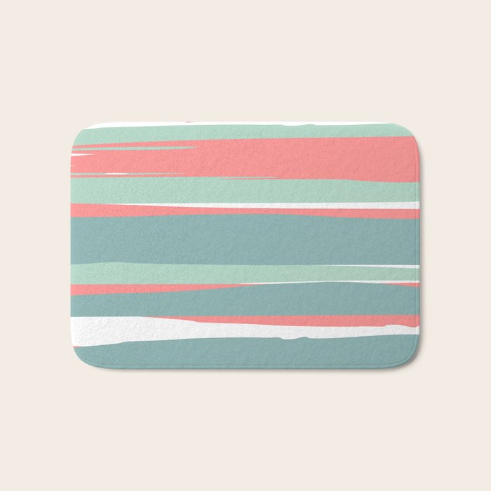 Festive, Abstract, Colorful Stripes, Coral and Teal Green Bath Mat Gallery Image 1