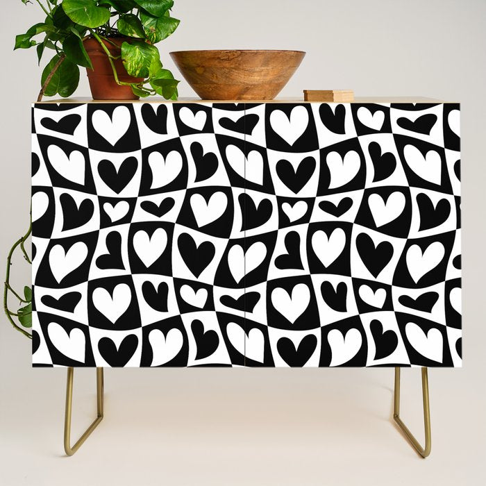 Black and white love heart checkered pattern Credenza Gallery Image 1