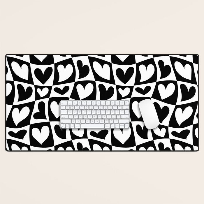 Black and white love heart checkered pattern Desk Mat Gallery Image 1