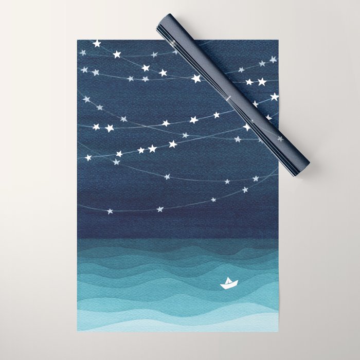 Garlands of stars, watercolor teal ocean Wrapping Paper Gallery Image 1