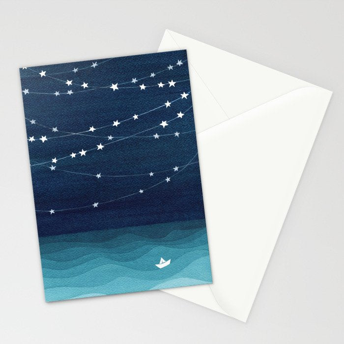 Garlands of stars, watercolor teal ocean Stationery Card Gallery Image 2