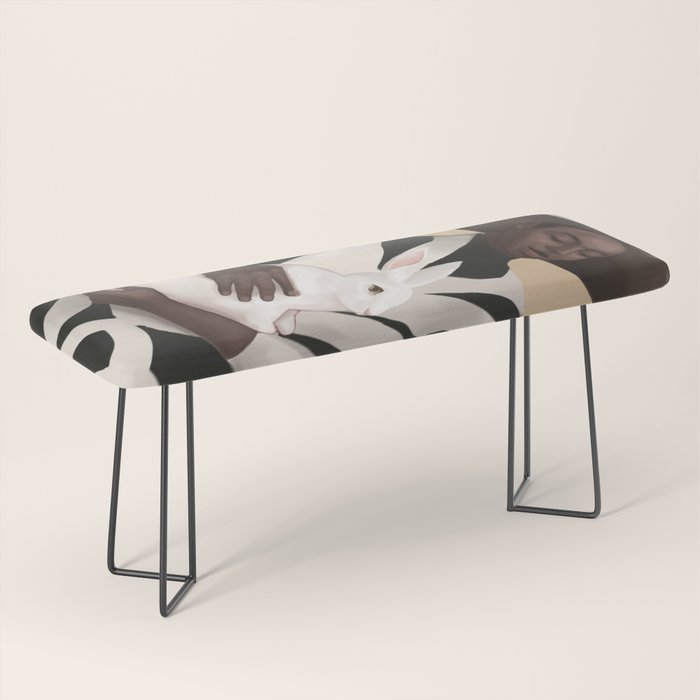 Woman in Stripes Holding a White Rabbit Bench Gallery Image 1