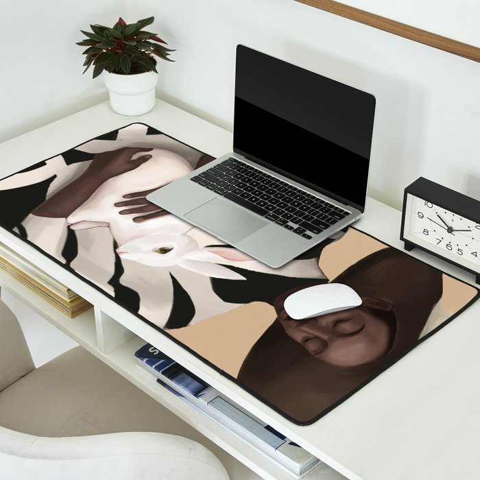 Woman in Stripes Holding a White Rabbit Desk Mat Gallery Image 2
