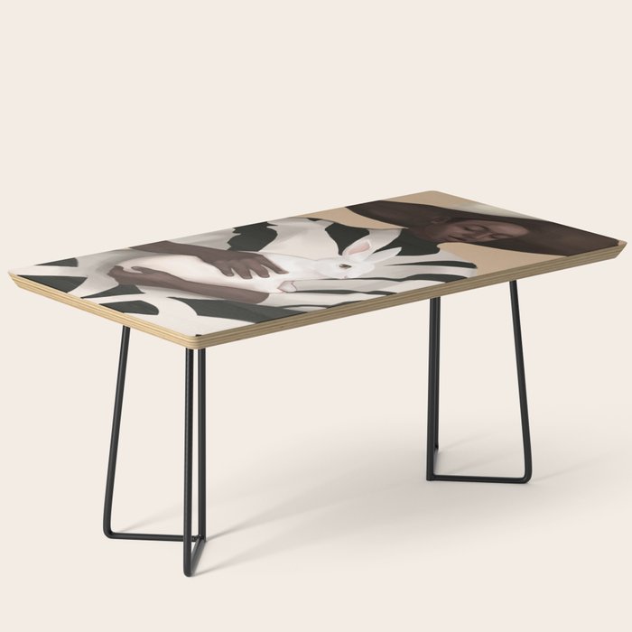Woman in Stripes Holding a White Rabbit Coffee Table Gallery Image 1