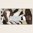 Woman in Stripes Holding a White Rabbit Desk Mat Gallery Image 1