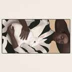 Woman in Stripes Holding a White Rabbit Desk Mat Gallery Image 3