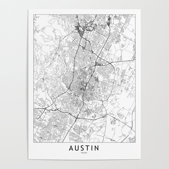Austin White Map Poster Gallery Image 1