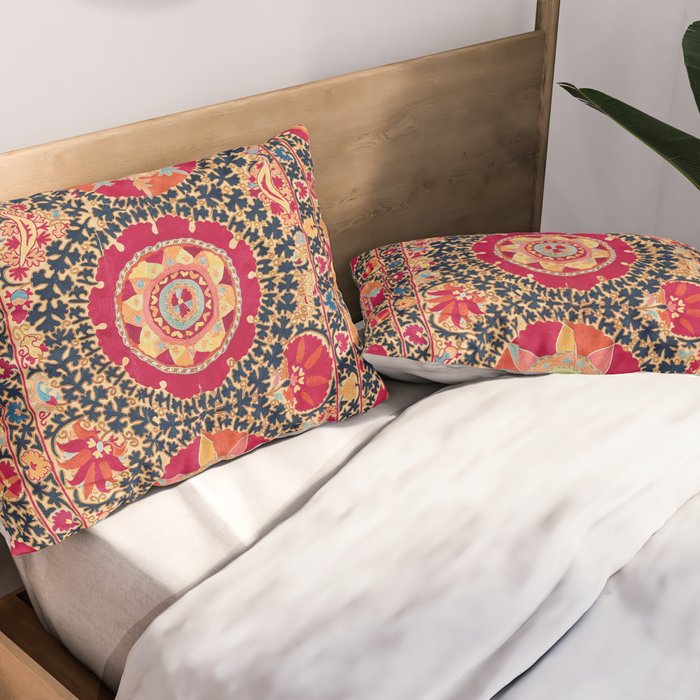 Kermina Suzani Uzbekistan Floral Embroidery Print Pillow Sham Gallery Image 2
