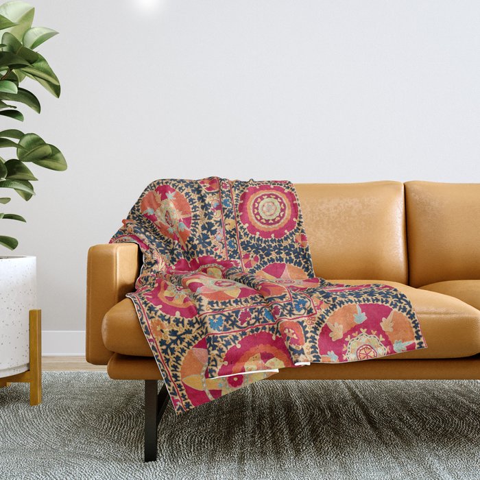 Kermina Suzani Uzbekistan Floral Embroidery Print Throw Blanket Gallery Image 1