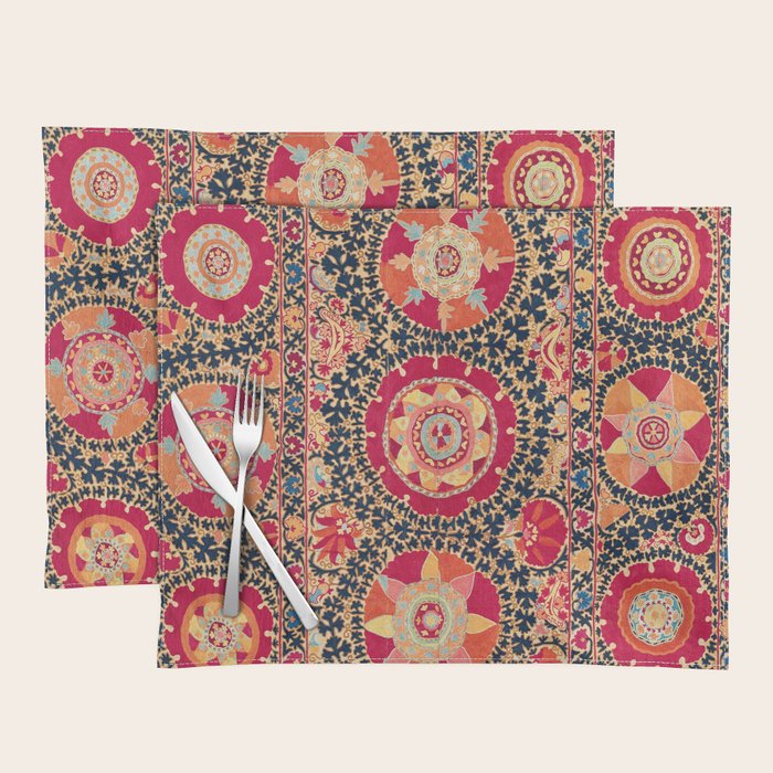 Kermina Suzani Uzbekistan Floral Embroidery Print Placemat Gallery Image 1