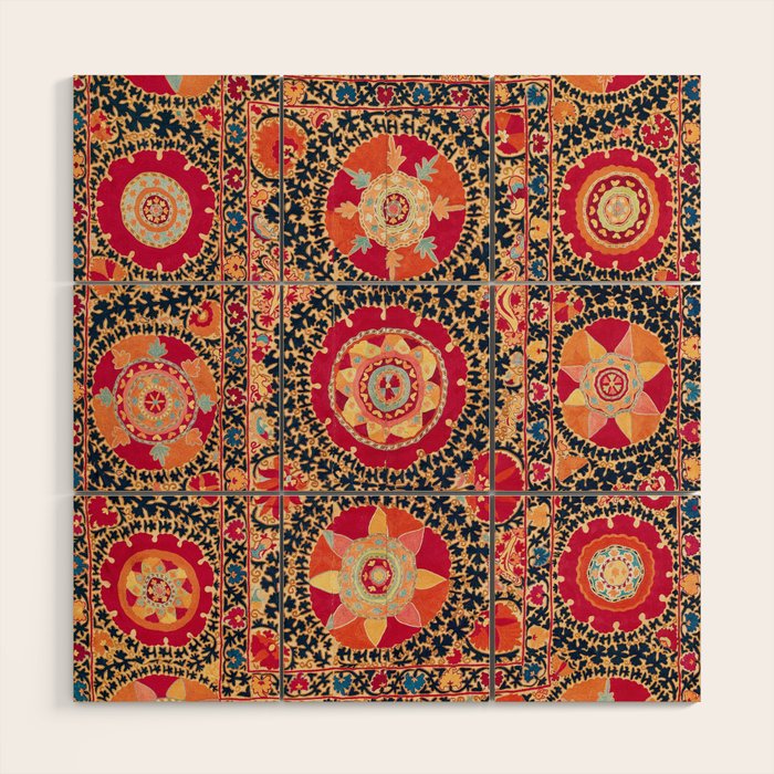 Kermina Suzani Uzbekistan Floral Embroidery Print Wood Wall Art Gallery Image 1