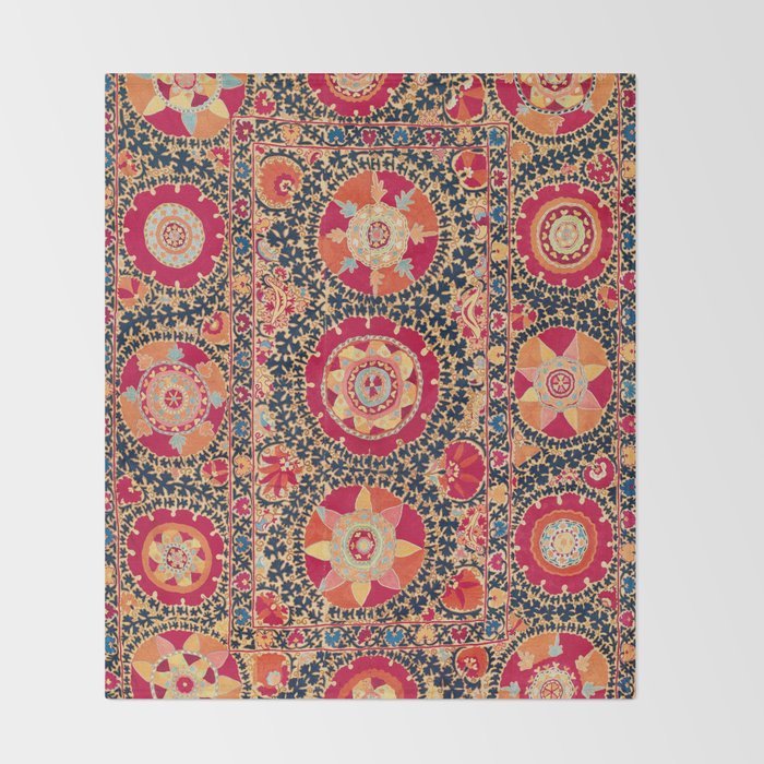 Kermina Suzani Uzbekistan Floral Embroidery Print Throw Blanket Gallery Image 2