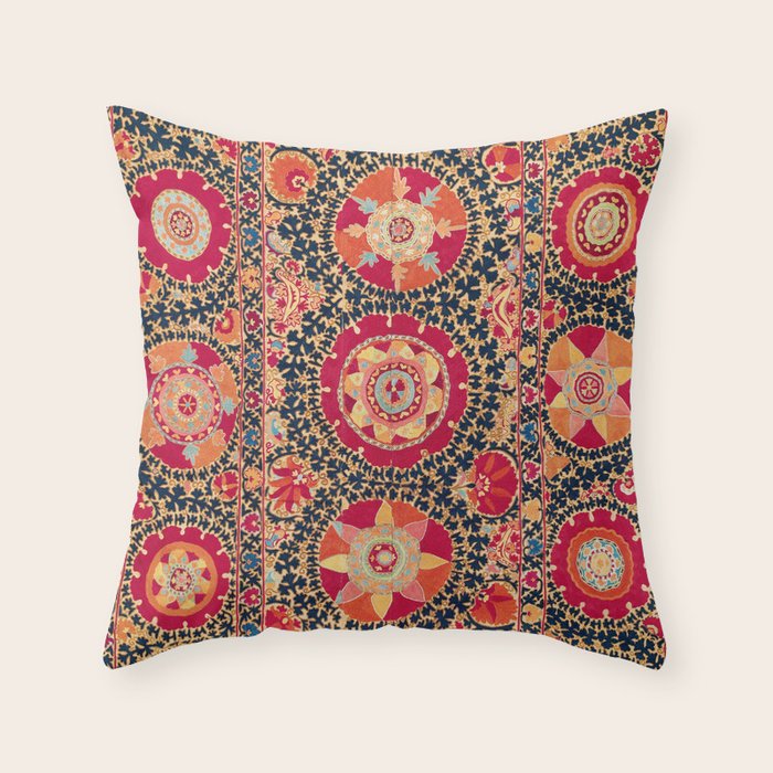 Kermina Suzani Uzbekistan Floral Embroidery Print Throw Pillow Gallery Image 1
