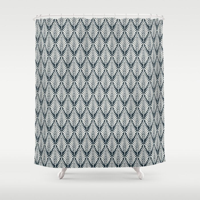 Linocut Palm Leaves . Navy Shower Curtain Gallery Image 1