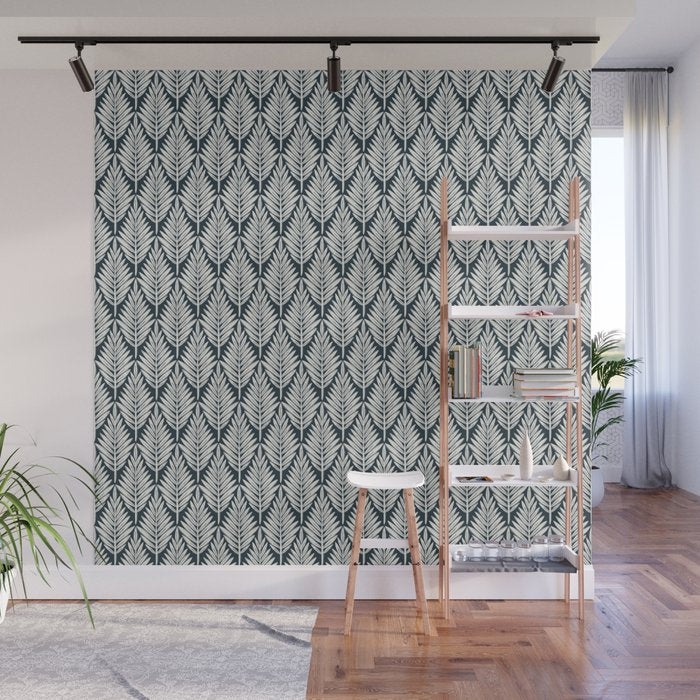 Linocut Palm Leaves . Navy Wall Mural Gallery Image 1