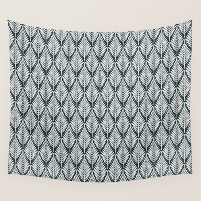Linocut Palm Leaves . Navy Wall Tapestry Gallery Image 4