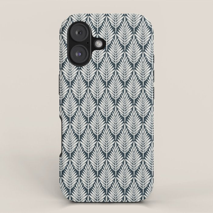 Linocut Palm Leaves . Navy iPhone Case Gallery Image 1
