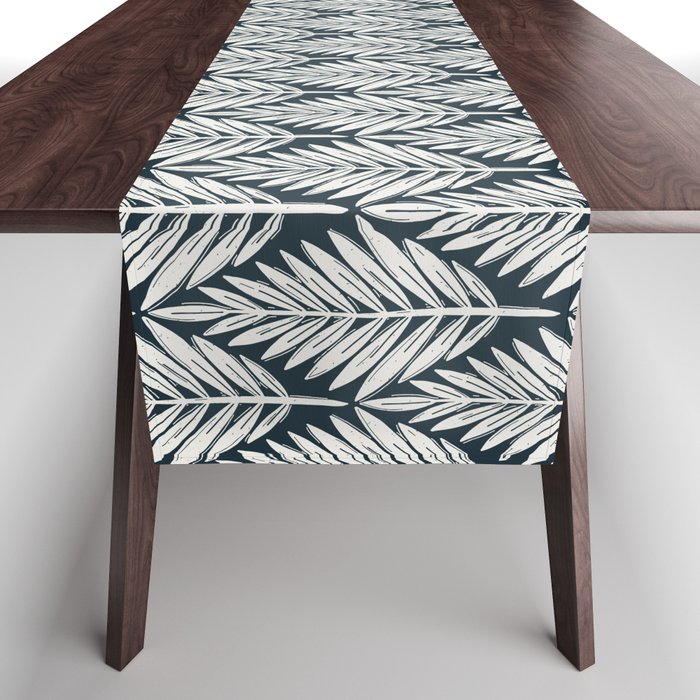 Linocut Palm Leaves . Navy Table Runner Gallery Image 1