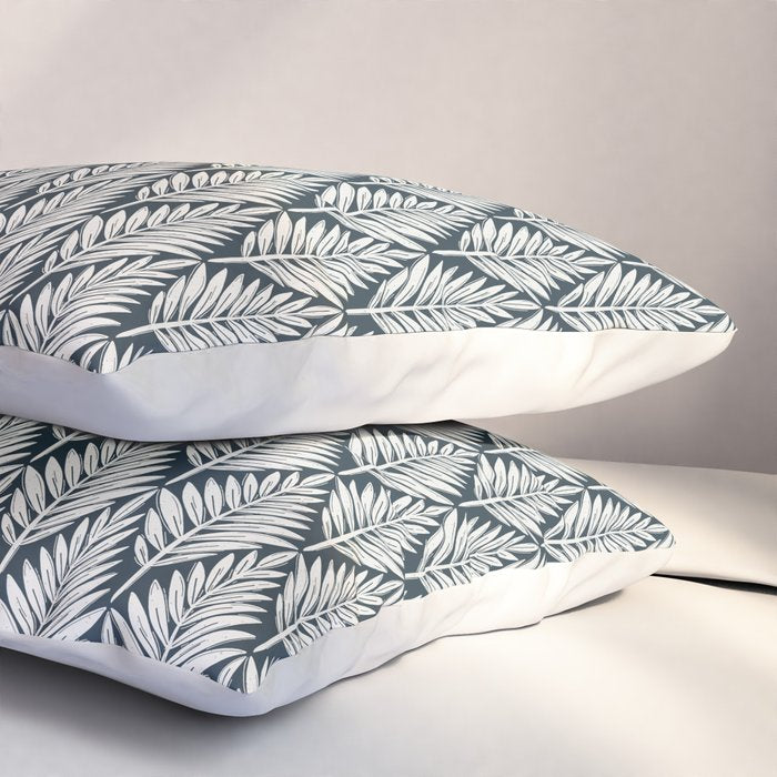 Linocut Palm Leaves . Navy Pillow Sham Gallery Image 3