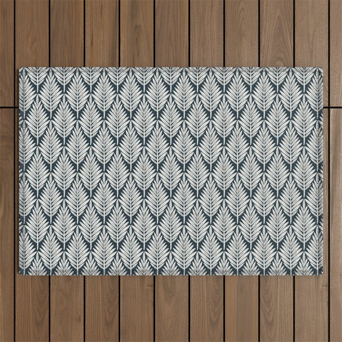 Linocut Palm Leaves . Navy Outdoor Rug Gallery Image 1