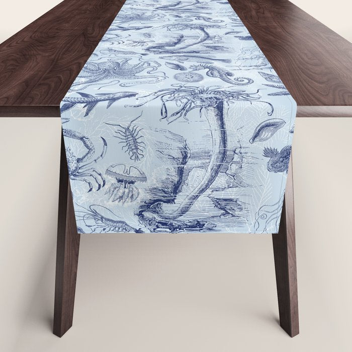 Coral Reef Life Underwater Sea Scene Blue Monochromatic Toile Pattern  Table Runner Gallery Image 1