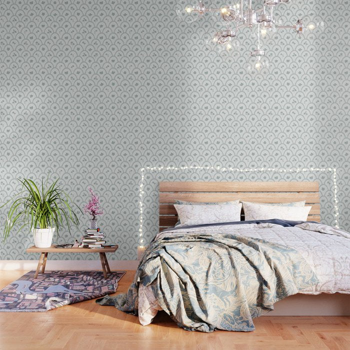 Rustic scallop floral block print - dusty mint pastel green pattern Wallpaper Gallery Image 1