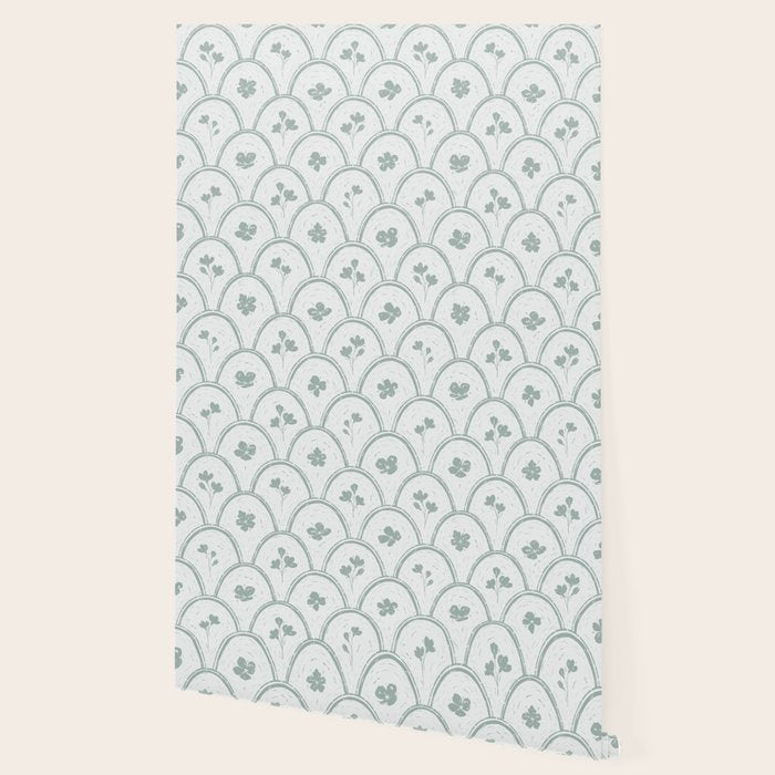 Rustic scallop floral block print - dusty mint pastel green pattern Wallpaper Gallery Image 2