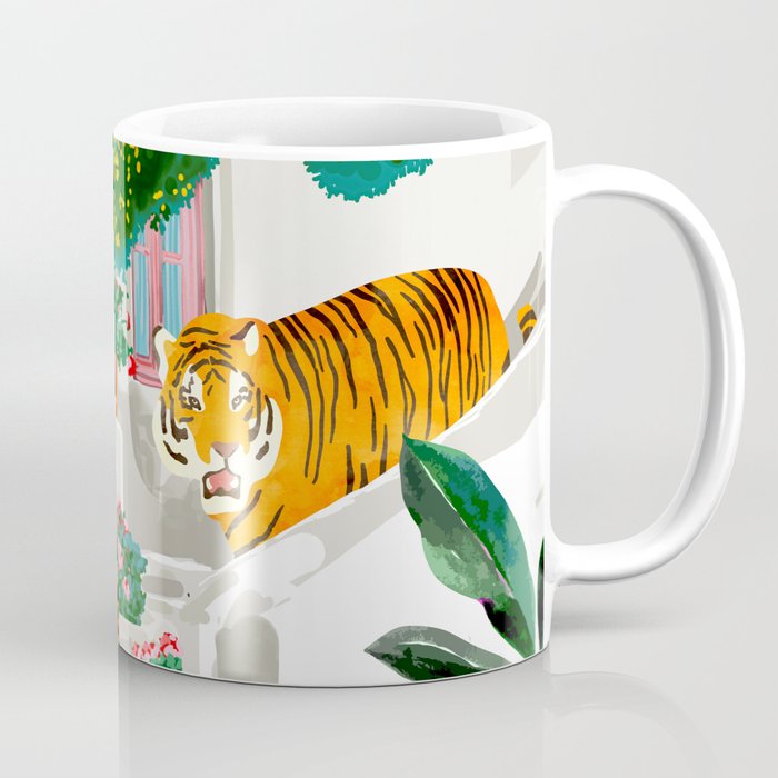 Tigers in Greece | Santorini Travel Architecture, Wildlife Animal Painting | Watercolor Illustration Coffee Mug Gallery Image 1