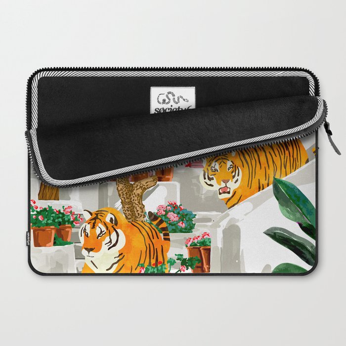 Tigers in Greece | Santorini Travel Architecture, Wildlife Animal Painting | Watercolor Illustration Laptop Sleeve Gallery Image 2