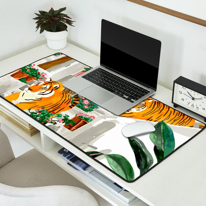 Tigers in Greece | Santorini Travel Architecture, Wildlife Animal Painting | Watercolor Illustration Desk Mat Gallery Image 2
