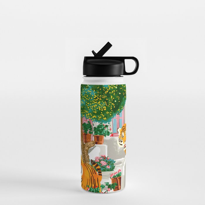 Tigers in Greece | Santorini Travel Architecture, Wildlife Animal Painting | Watercolor Illustration Water Bottle Gallery Image 1