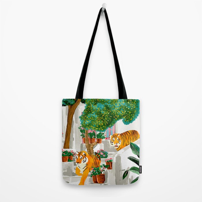 Tigers in Greece | Santorini Travel Architecture, Wildlife Animal Painting | Watercolor Illustration Tote Bag Gallery Image 2
