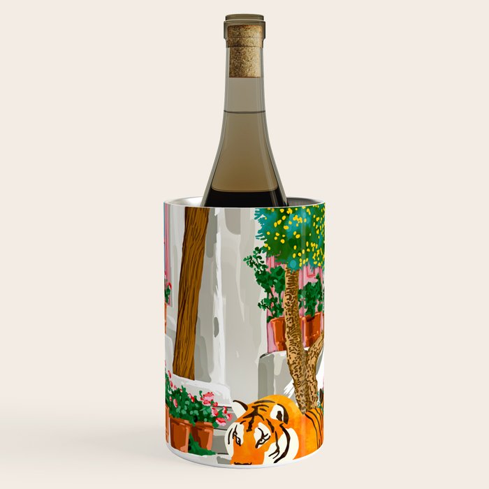 Tigers in Greece | Santorini Travel Architecture, Wildlife Animal Painting | Watercolor Illustration Wine Chiller Gallery Image 2