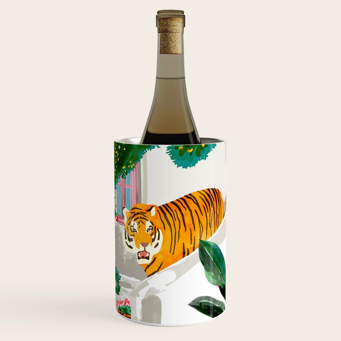 Tigers in Greece | Santorini Travel Architecture, Wildlife Animal Painting | Watercolor Illustration Wine Chiller Gallery Image 3