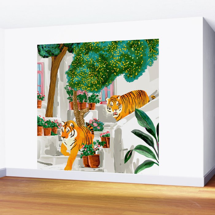Tigers in Greece | Santorini Travel Architecture, Wildlife Animal Painting | Watercolor Illustration Wall Mural Gallery Image 2