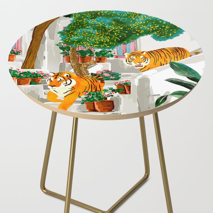 Tigers in Greece | Santorini Travel Architecture, Wildlife Animal Painting | Watercolor Illustration Side Table Gallery Image 2