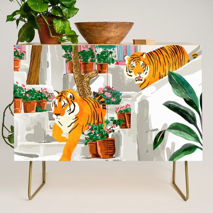 Tigers in Greece | Santorini Travel Architecture, Wildlife Animal Painting | Watercolor Illustration Credenza Gallery Image 1