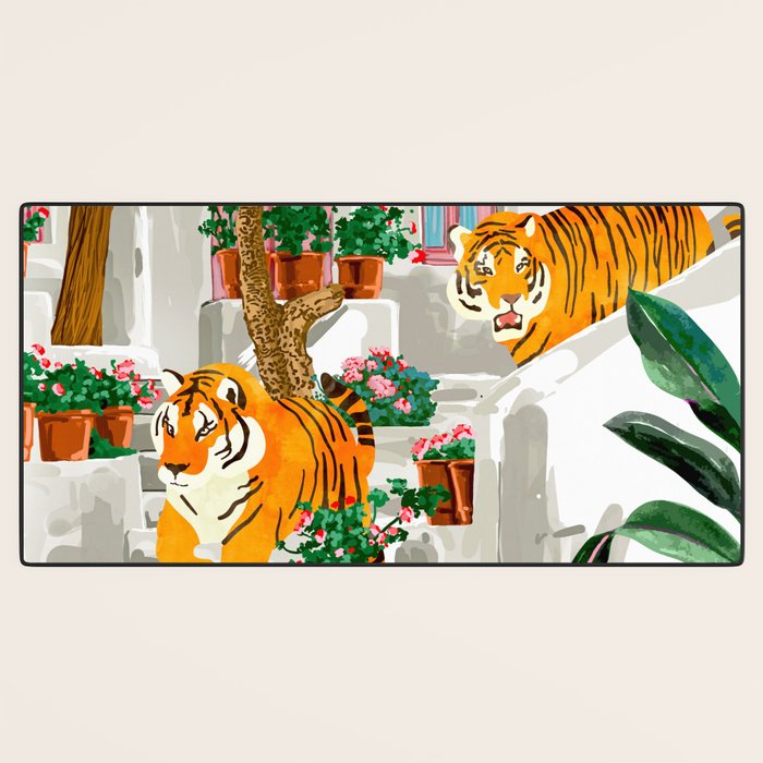 Tigers in Greece | Santorini Travel Architecture, Wildlife Animal Painting | Watercolor Illustration Desk Mat Gallery Image 3