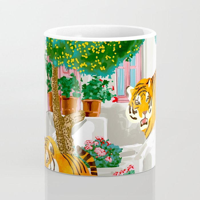Tigers in Greece | Santorini Travel Architecture, Wildlife Animal Painting | Watercolor Illustration Coffee Mug Gallery Image 4