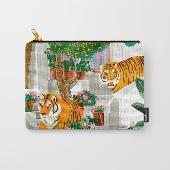 Tigers in Greece | Santorini Travel Architecture, Wildlife Animal Painting | Watercolor Illustration Carry All Pouch Gallery Image 1