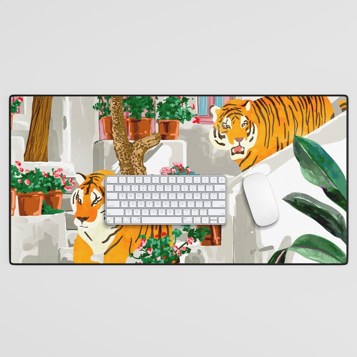 Tigers in Greece | Santorini Travel Architecture, Wildlife Animal Painting | Watercolor Illustration Desk Mat Gallery Image 1