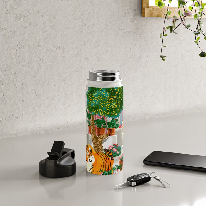 Tigers in Greece | Santorini Travel Architecture, Wildlife Animal Painting | Watercolor Illustration Water Bottle Gallery Image 4