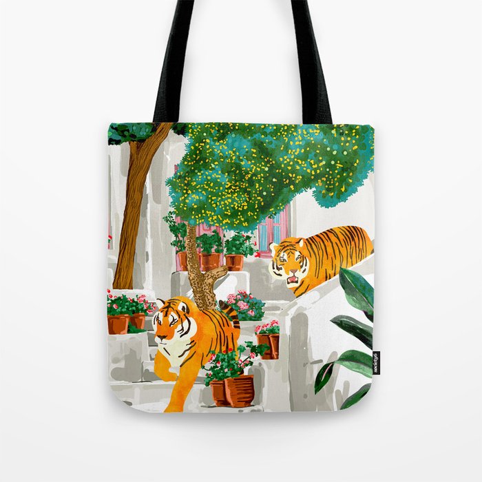 Tigers in Greece | Santorini Travel Architecture, Wildlife Animal Painting | Watercolor Illustration Tote Bag Gallery Image 1