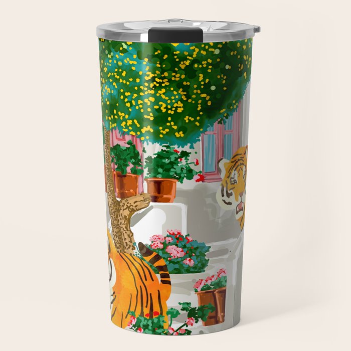 Tigers in Greece | Santorini Travel Architecture, Wildlife Animal Painting | Watercolor Illustration Travel Mug Gallery Image 1