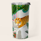 Tigers in Greece | Santorini Travel Architecture, Wildlife Animal Painting | Watercolor Illustration Travel Mug Gallery Image 2
